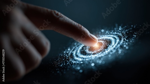 Finger touching a digital screen with a galaxy, representing the concept of cosmic connection and exploration