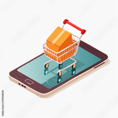 Isometric illustration of a smartphone displaying a shopping cart with a package, representing online shopping.