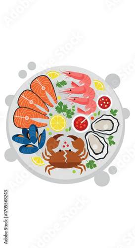 Seafood platter with salmon shrimp oysters mussels and crab.