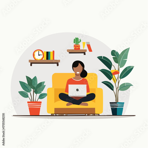 Woman works from home, comfortably seated on a yellow armchair, using a laptop amidst houseplants.