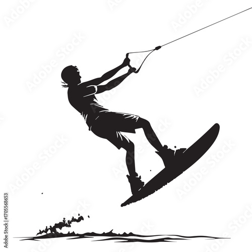 Black wakeboarding Silhouette Vector, High Quality Illustration on White Background
