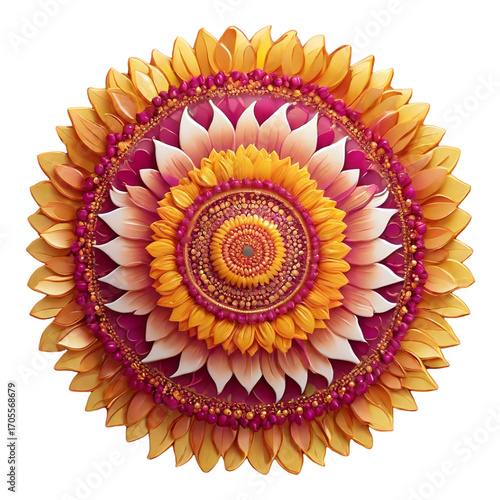 Ornate Sunflower Mandala With Pink and Yellow Petals On White Background floral intricate