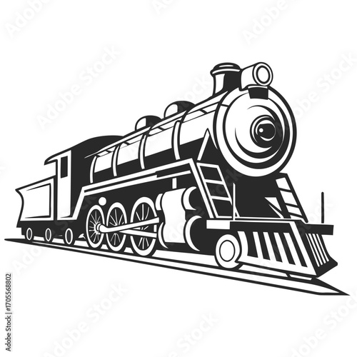 Monochrome illustration of a powerful steam engine train on railroad tracks with detailed wheels and tender