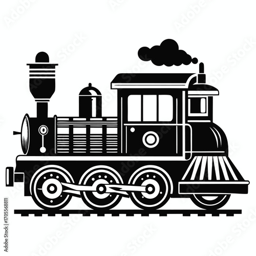 Side view silhouette of a classic steam engine train with smoke rising from its chimney on a white background Keywords: steam train, locomotive, engine, railroad, railway, transportation, vintage