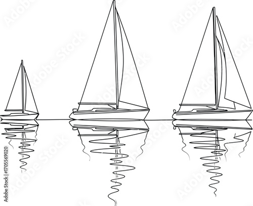 Elegant sailboats gliding across calm water with reflections