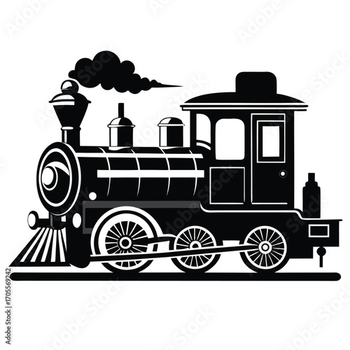 Silhouette of a classic steam train with smoke coming out of the chimney on a white background Keywords: steam train, locomotive, vintage, retro, transportation, railway, engine, transport, travel