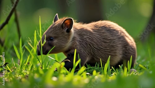 Wombat nibbling on grass in shaded woodland 
