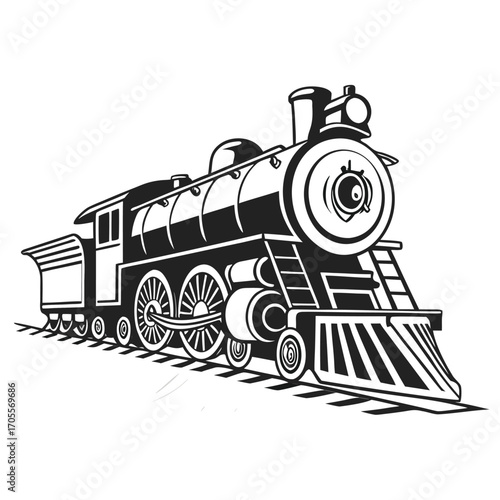 Stylized black and white drawing of a vintage steam train with a prominent smokestack and detailed wheels on railroad tracks Keywords: steam train, locomotive, railway, engine, vintage, retro