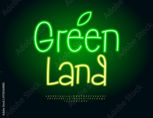 Vector Glowing board Green Land. Bright Glowing Font. Led Light Alphabet Letters and Numbers set.