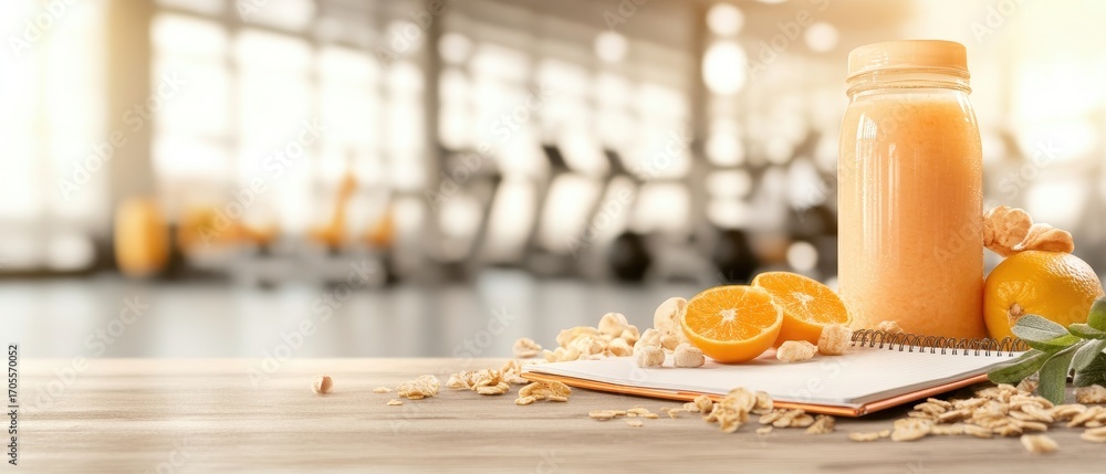 Obraz premium Orange Beverage and Fitness Notes at Gym. Health Food, Grains, Orange Halves, Cubes, Notebook on Table. Gym in Blur Background. Light Background