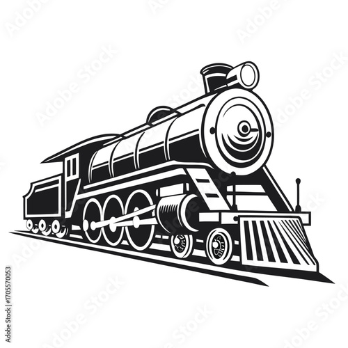 Stylized black and white illustration of a classic steam train moving forward on tracks locomotive