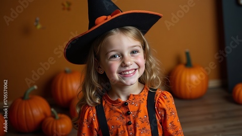 A cute little girl in a witch costume with pumpkins for halloween celebration on orange background