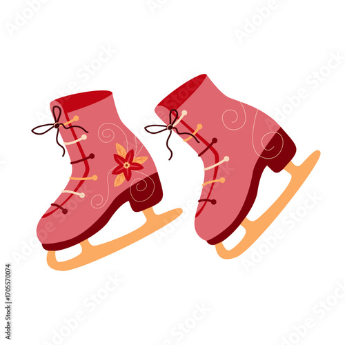Christmas winter ice skates illustration with floral motif. Red boots,  vector illustration with retro pink skate element 