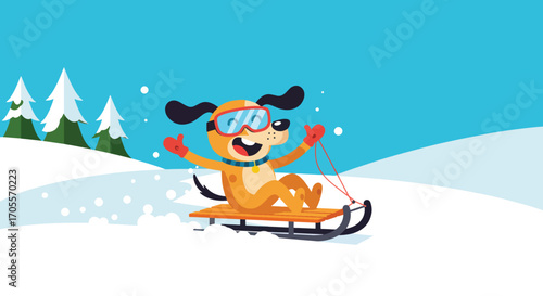 Cheerful Cartoon Dog Enjoying Sled Ride Down Snowy Hill