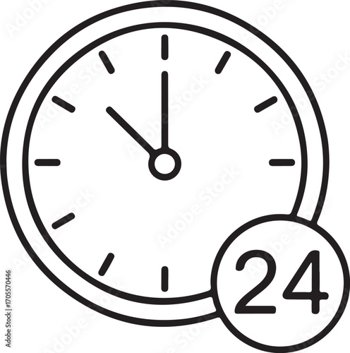 Simple line art icon of a clock with 24 hour service symbol