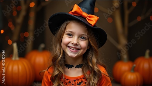 A charming little girl in a witch costume with pumpkins on halloween night enjoying the festive atmosphere and smiling brightly