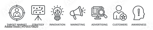 Brand banner icon with target market, strategy, innovation, marketing, advertising, customers, awareness