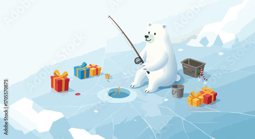 Cartoon Polar Bear Fishing on Ice with Christmas Presents Nearby