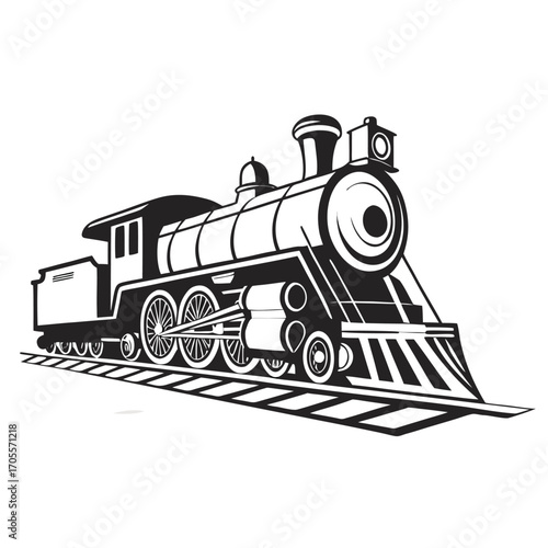 Vintage steam locomotive with tender on railway tracks black and white illustration train steam engine