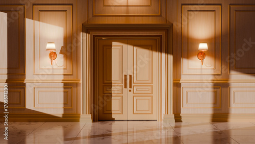 Luxurious Interior Wooden Doorway with Wall Sconces or Lamps and Sunlight Shadows.