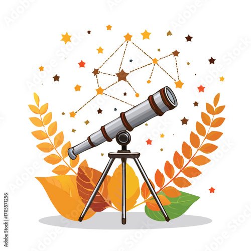 A telescope pointing at autumn constellations. A whimsical vector illustration combining the hobbies of stargazing and celebrating the fall season. Generative AI