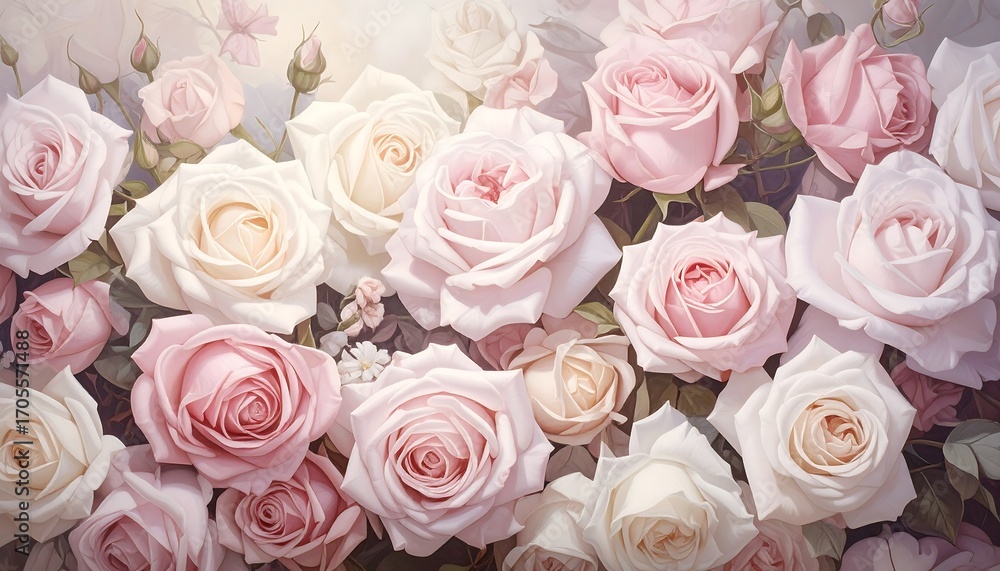Obraz premium A close-up view shows a bed of assorted roses in various shades of pink and cream, creating a soft and romantic floral arrangement