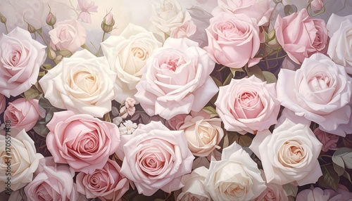 A close-up view shows a bed of assorted roses in various shades of pink and cream, creating a soft and romantic floral arrangement