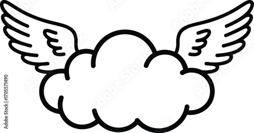 Winged Cloud Silhouette Illustration — Minimalist Black Icon Featuring a Fluffy Cloud with Symmetrical Feathered Wings Symbolizing Imagination, Freedom, and Transcendence