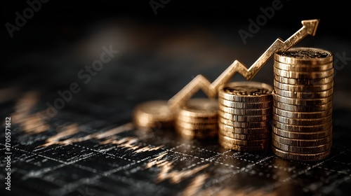 Golden Arrow Soaring Above Stacked Coins Powerful Motivation for Business Growth and Achievement.