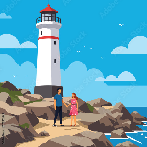 Tall White Lighthouse with Red Top and Black Lantern, Vector Illustration