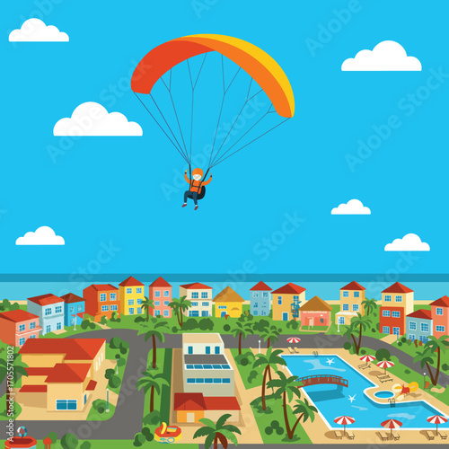 Colorful Paraglider Soaring High in the Sky with Orange and Yellow Canopy