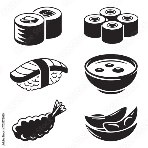 Black and White Sushi Rolls Nigiri Soup and Edamame Illustration