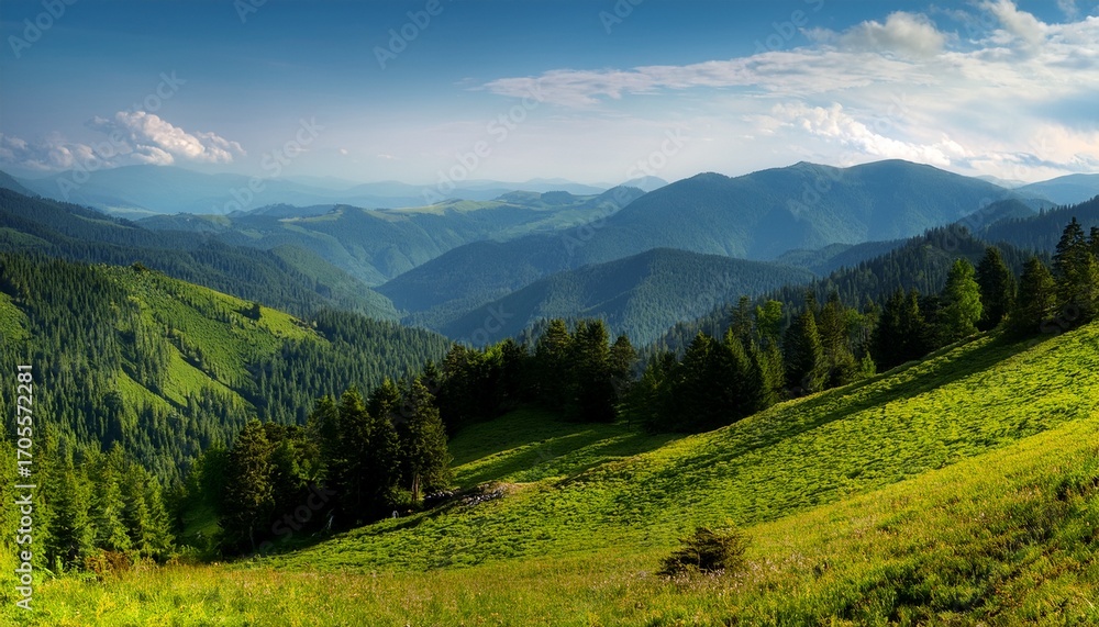 Fototapeta premium Green Hillside Meets The Forest And Mountains In Summer