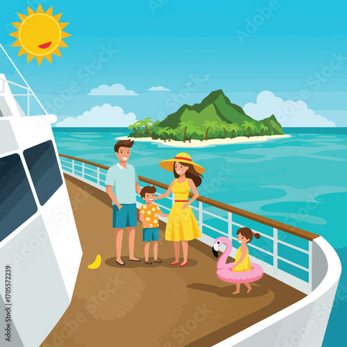 Family on Cruise Ship Deck Enjoying Tropical Island Vacation