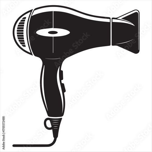 Black and White Hair Dryer Illustration on White Background
