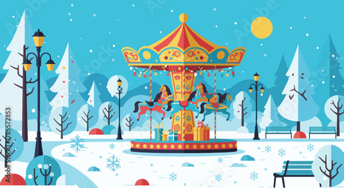 Colorful Winter Carousel with Horses, Gifts, and Festive Decorations