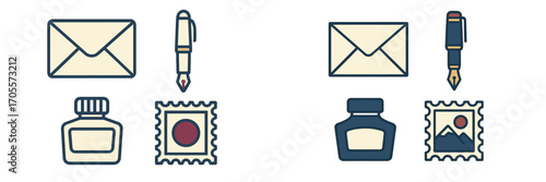 Set of postal and writing icons featuring envelopes, fountain pens, ink bottles, and postage stamps