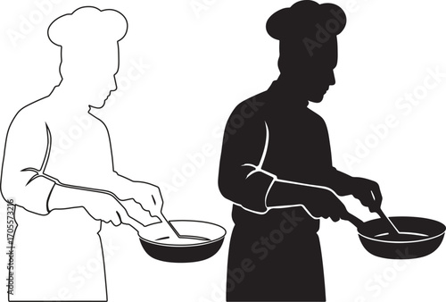 Chef cooking in silhouette and line art style.