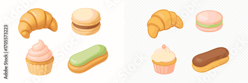 Delicious assortment of French pastries and sweet baked goods including croissants, macarons, eclairs, and cupcakes