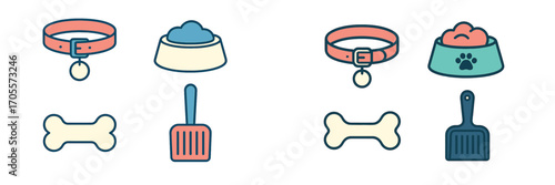 Essential pet care accessories: dog collar, food bowl, bone toy, and cleaning scoop for domestic animals