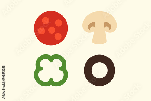 Assortment of classic pizza toppings including pepperoni, mushroom, bell pepper, and black olive slices