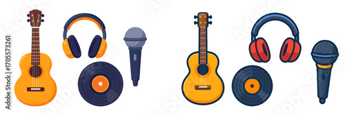 Collection of musical instruments and audio equipment including ukulele, headphones, microphone, and vinyl record