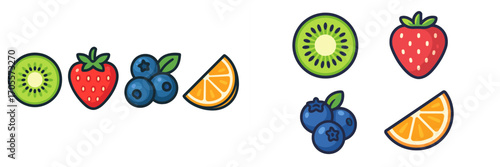 Bright colorful fresh healthy fruits collection with kiwi strawberry blueberries and orange slice for balanced diet