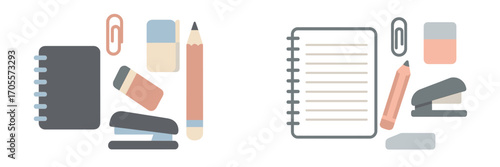 Essential stationery items including spiral notebook, writing pencil, rubber eraser, and metal stapler