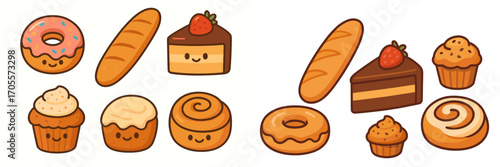 Assortment of charming cartoon baked goods including donuts, cupcakes, bread, cake slices, and cinnamon rolls with cute smiling faces