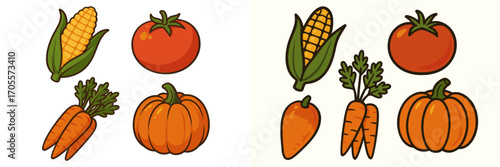 Fresh autumn harvest vegetables set including corn tomato carrots and pumpkin for healthy eating and seasonal themes