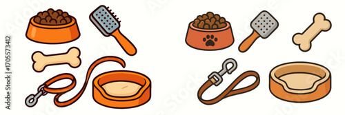 Essential pet care items collection with food bowls, grooming brush, bone toy, leash, and comfortable bed
