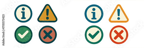 Grunge textured information warning check and cross mark icons for user interface and web notifications