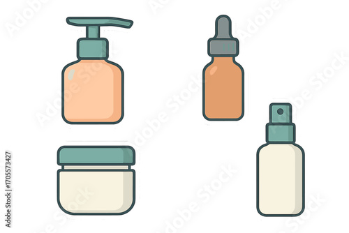 Diverse set of modern cosmetic and skincare product containers including bottles, jars, and dispensers