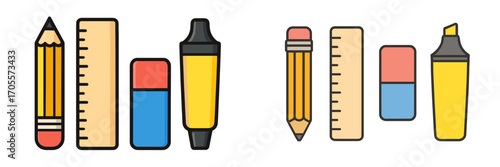 Essential school and office supplies collection featuring pencils, rulers, erasers, and highlighters for education and creative work